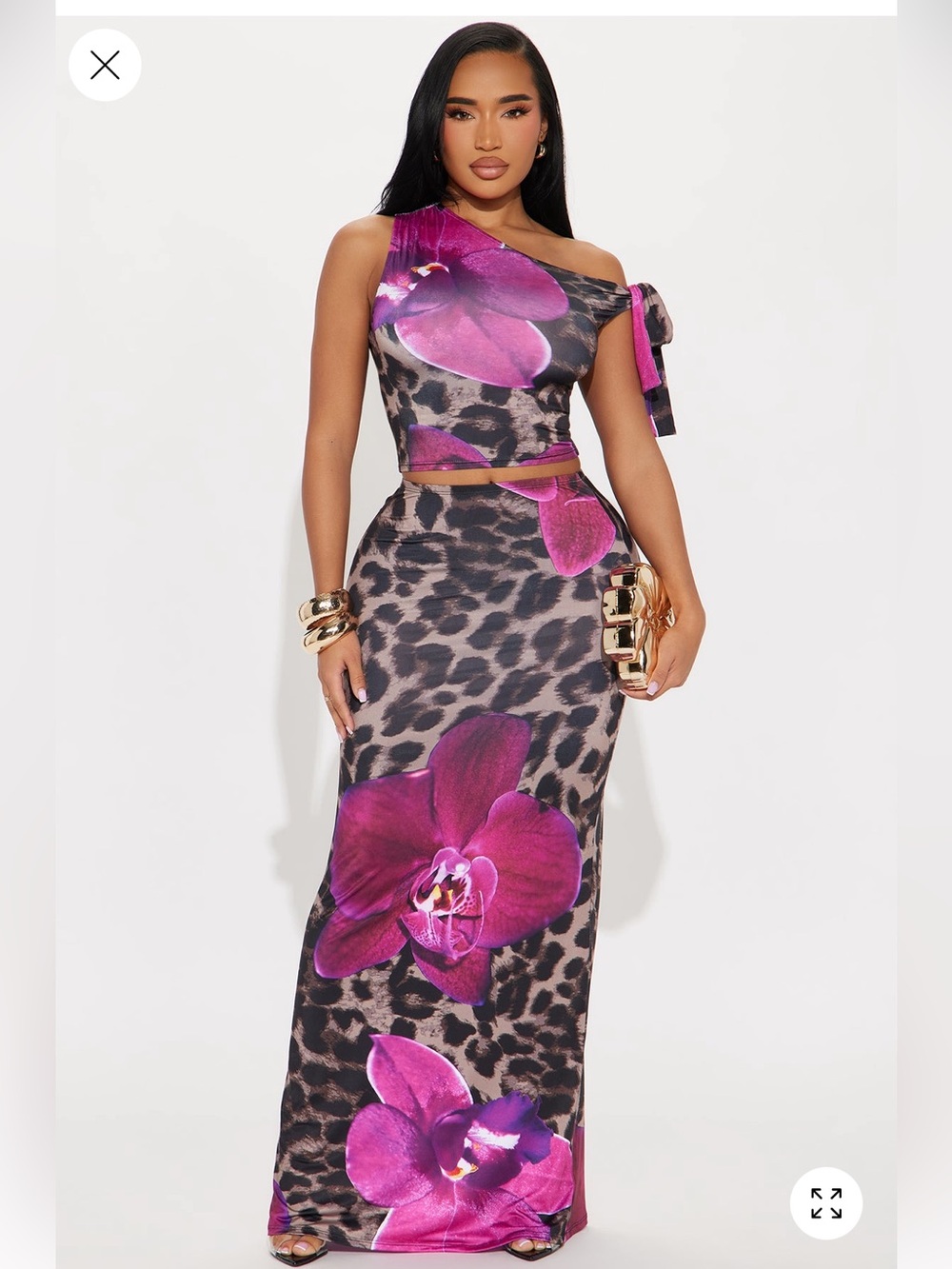 One-Shoulder Maxi Dress with Pink Orchid & Leopard Print
